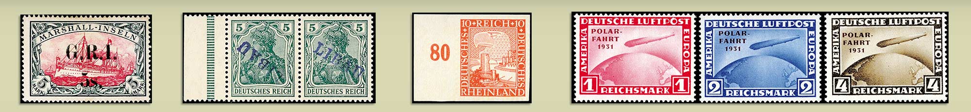 ein Bannerbild, das dekorative Abbildungen von verschiedenen Briefmarken zeigt